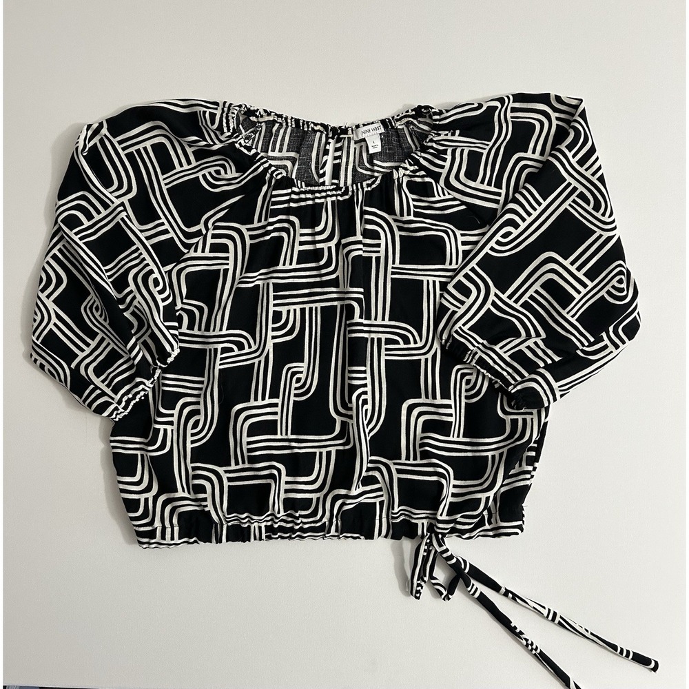 Nine West Black &‎ White Geometric Puff‑Sleeve Blouse – Women's Large